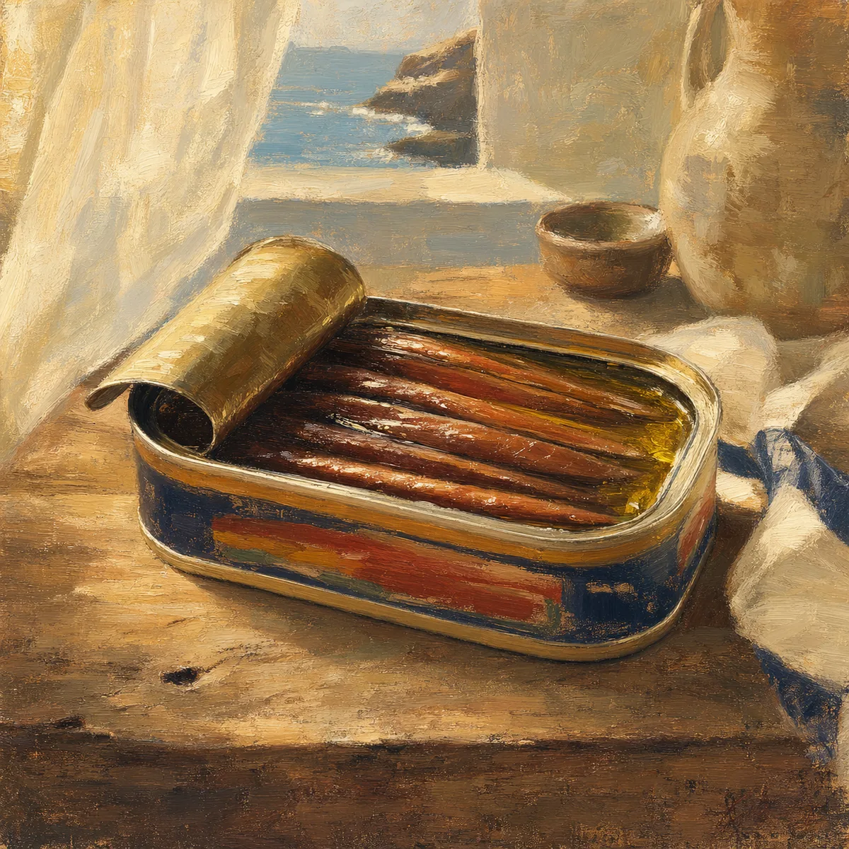 Painted illustration of Conservas Ortiz — Cantabrian Anchovies in Olive Oil